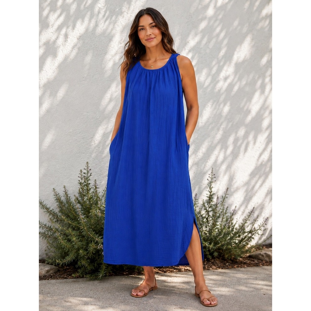 Old Navy Shirred Sleeveless Cotton Midi Dress Size Large Blue Crinkle Gauze